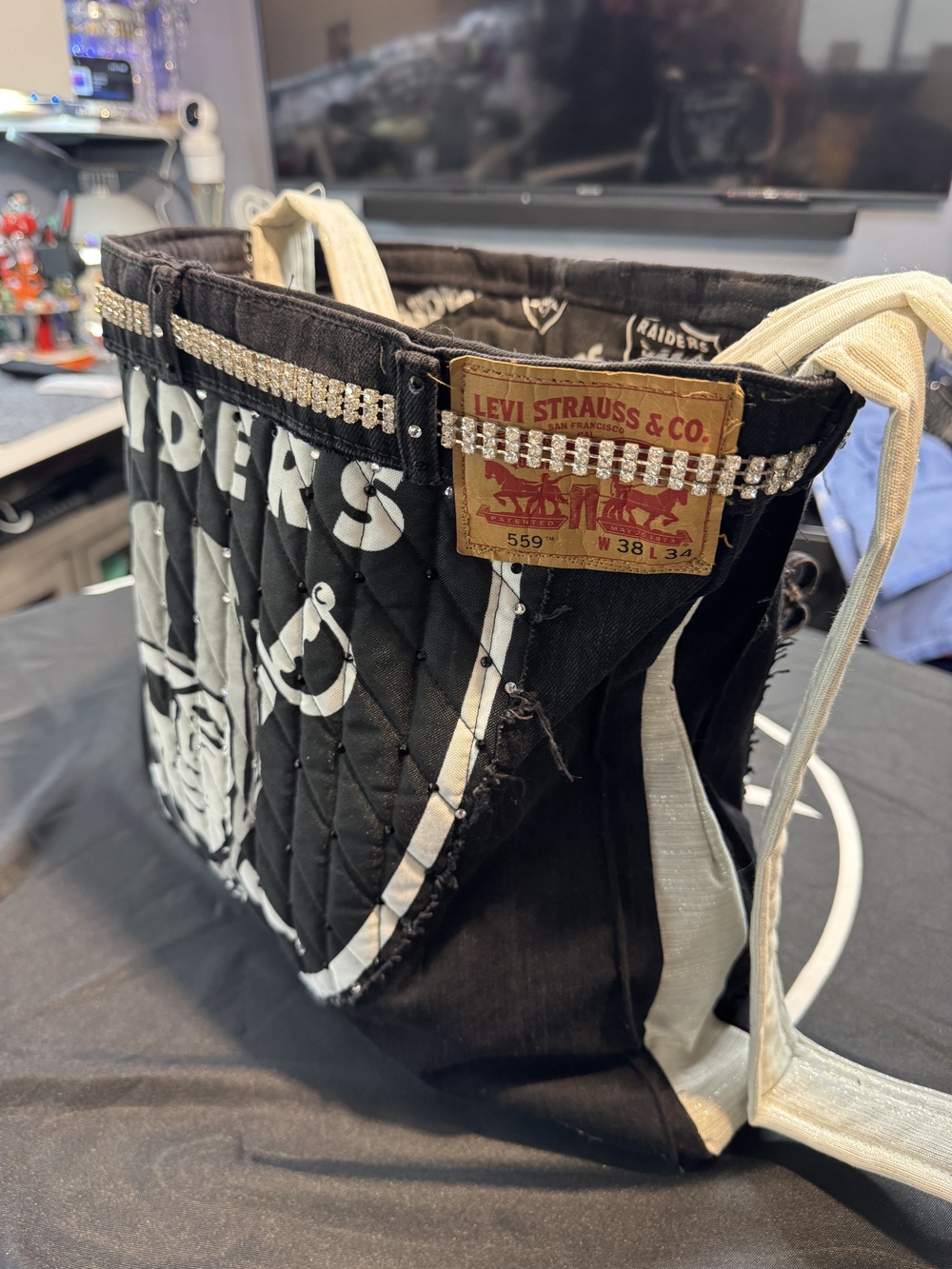 Handmade Upcycled Black Denim Las Vegas Raiders Tote Bag/Rhinestone Bling Purse